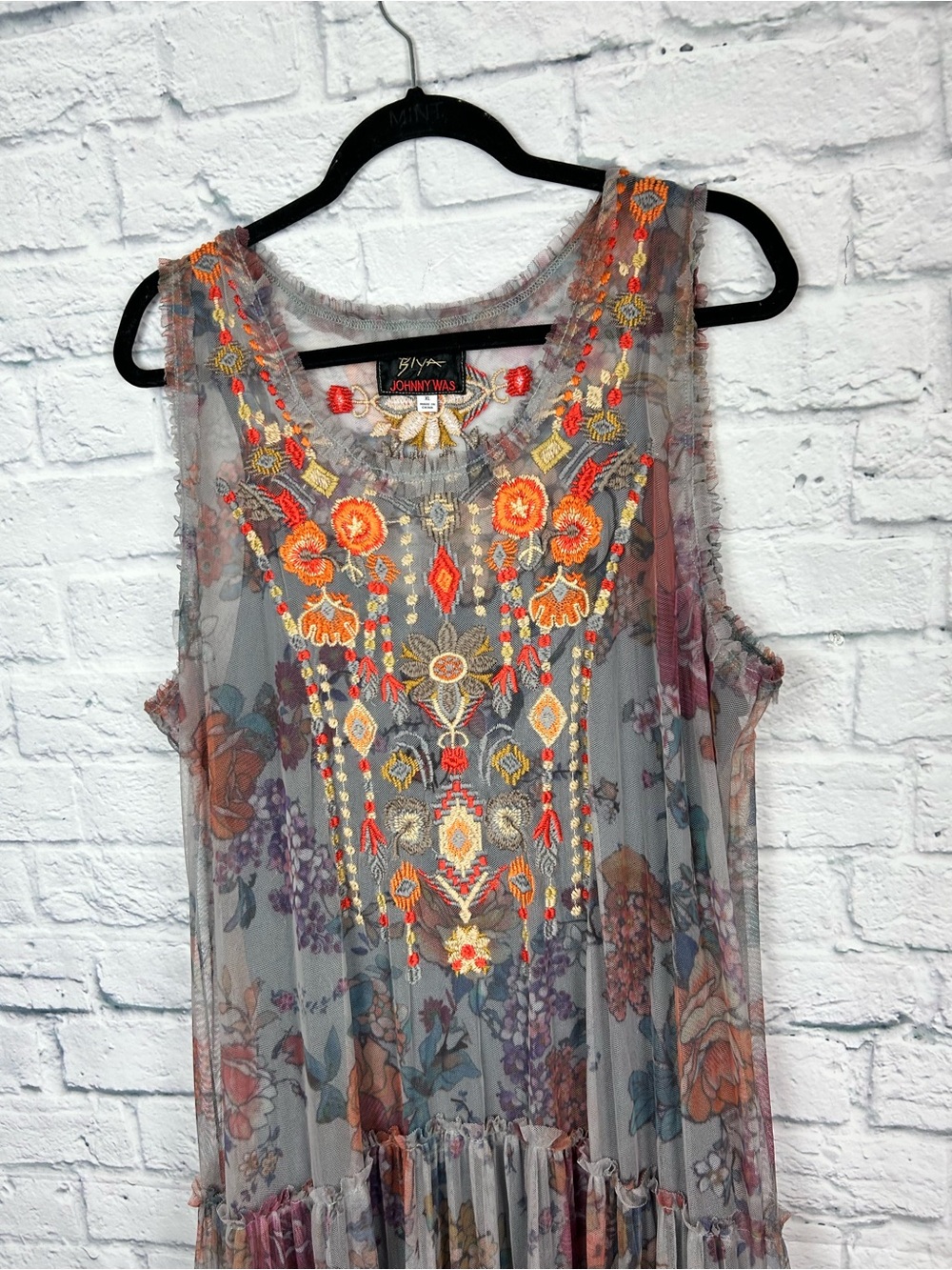 Johnny Was Biya Embroidered Mesh Floral Tiered Maxi Dress Gray XL Boho - Picture 2 of 6